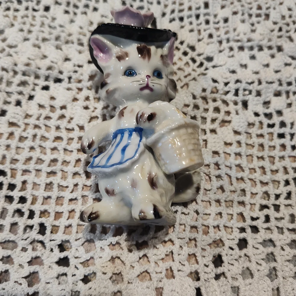 Charming Vintage China Cat Figurine with Basket